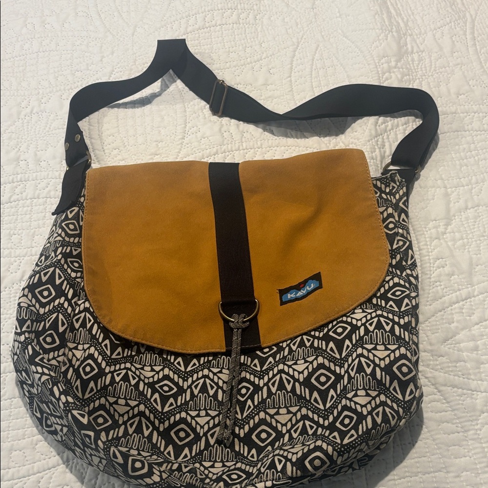 Kavu Mustard Flap Crossbody Bag with Black & White Pattern